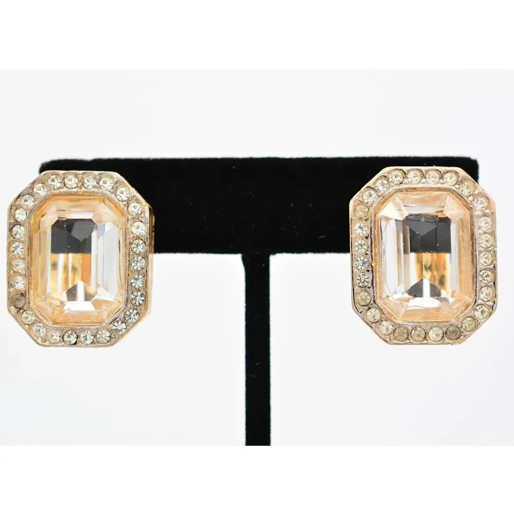 Vintage Crystal Clip On Earrings Peach Rhinestone Baguette Gold Chunky 1980s 9L